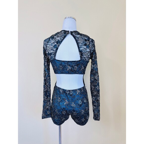 1990s Vintage Romper / 90s Teal Gold Black Lace Cut Out Back Playsuit / Medium - Picture 4 of 8